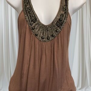 Vintage Y2K QUEEN ESTHER Bib Embellished Brown Women's Sleeveless Top Sz Small